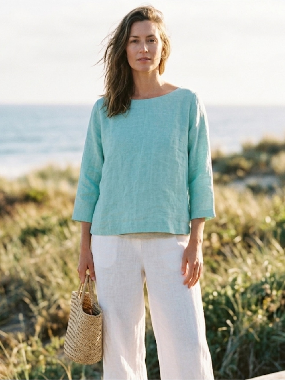 Martha Stewart 100% Linen Costal Grandmother Beachy 3/4 Sleeve Top Lagenlook